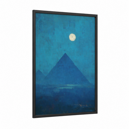 Moonlit Pyramid framed great pyramid of giza print — black wood frame — dark blue and teal palette
