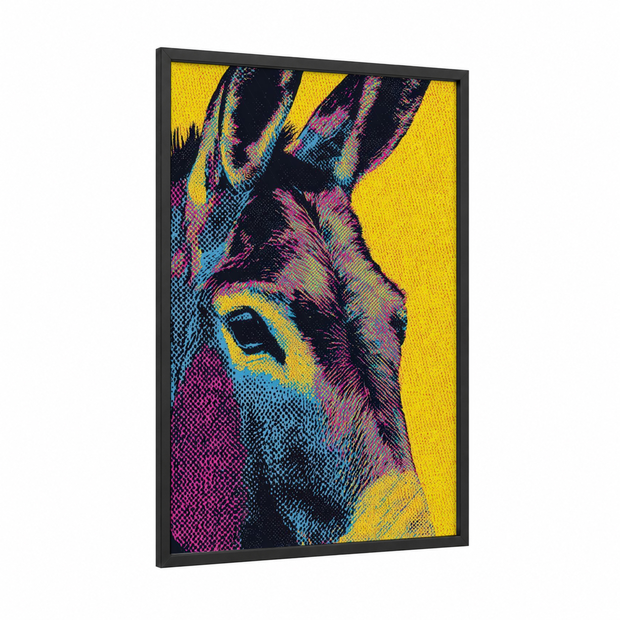 Neon Mule Portrait framed art print — black wood frame — yellow and magenta palette