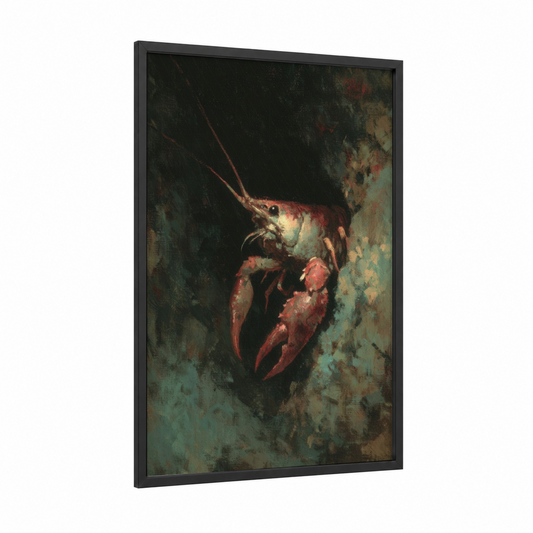 Crimson Crayfish framed art print — black wood frame — red and dark green palette