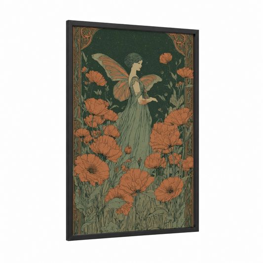 Fairy Garden framed fairytale print — black wood frame — dark green and pumpkin palette