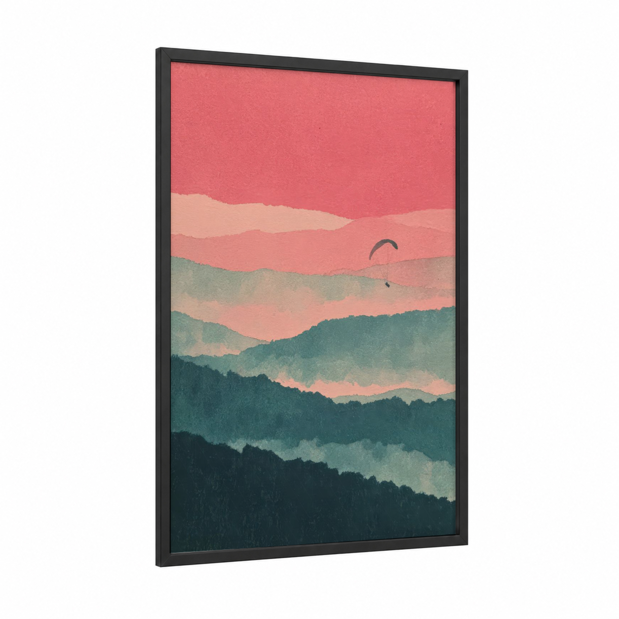 Paragliding Sunset framed art print — black wood frame — salmon pink and teal palette