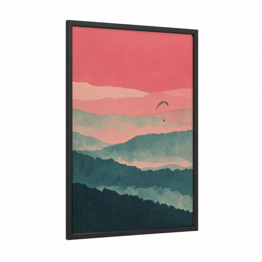 Paragliding Sunset framed art print — black wood frame — salmon pink and teal palette