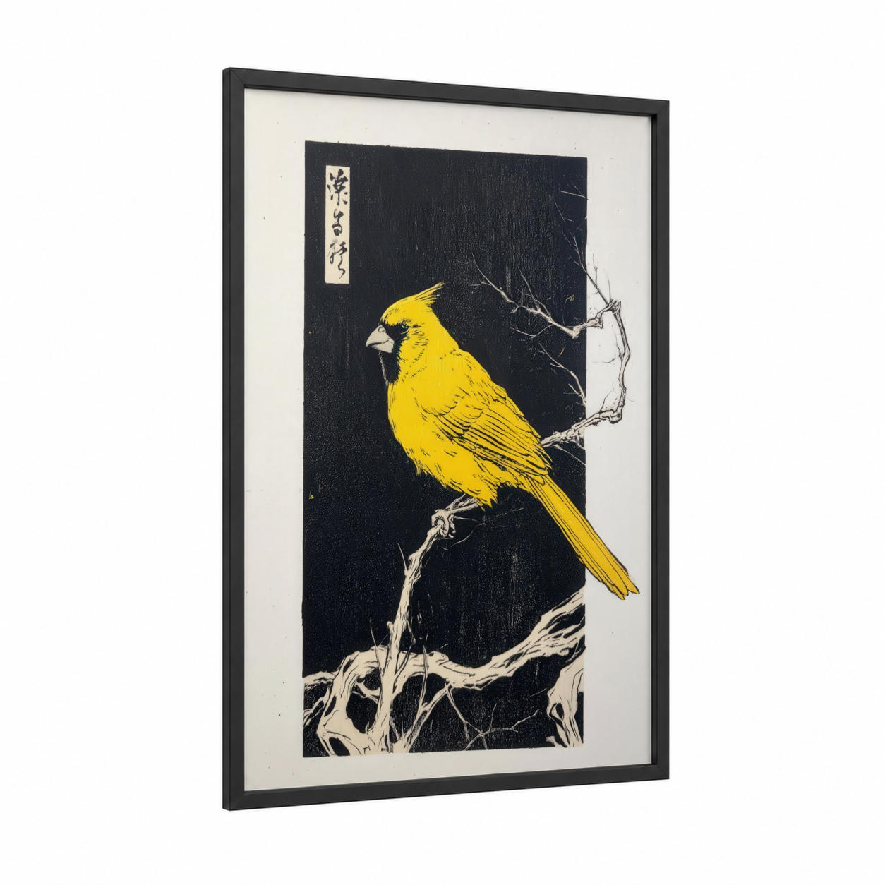 Golden Cardinal Branch framed art print — black wood frame — black and gold palette