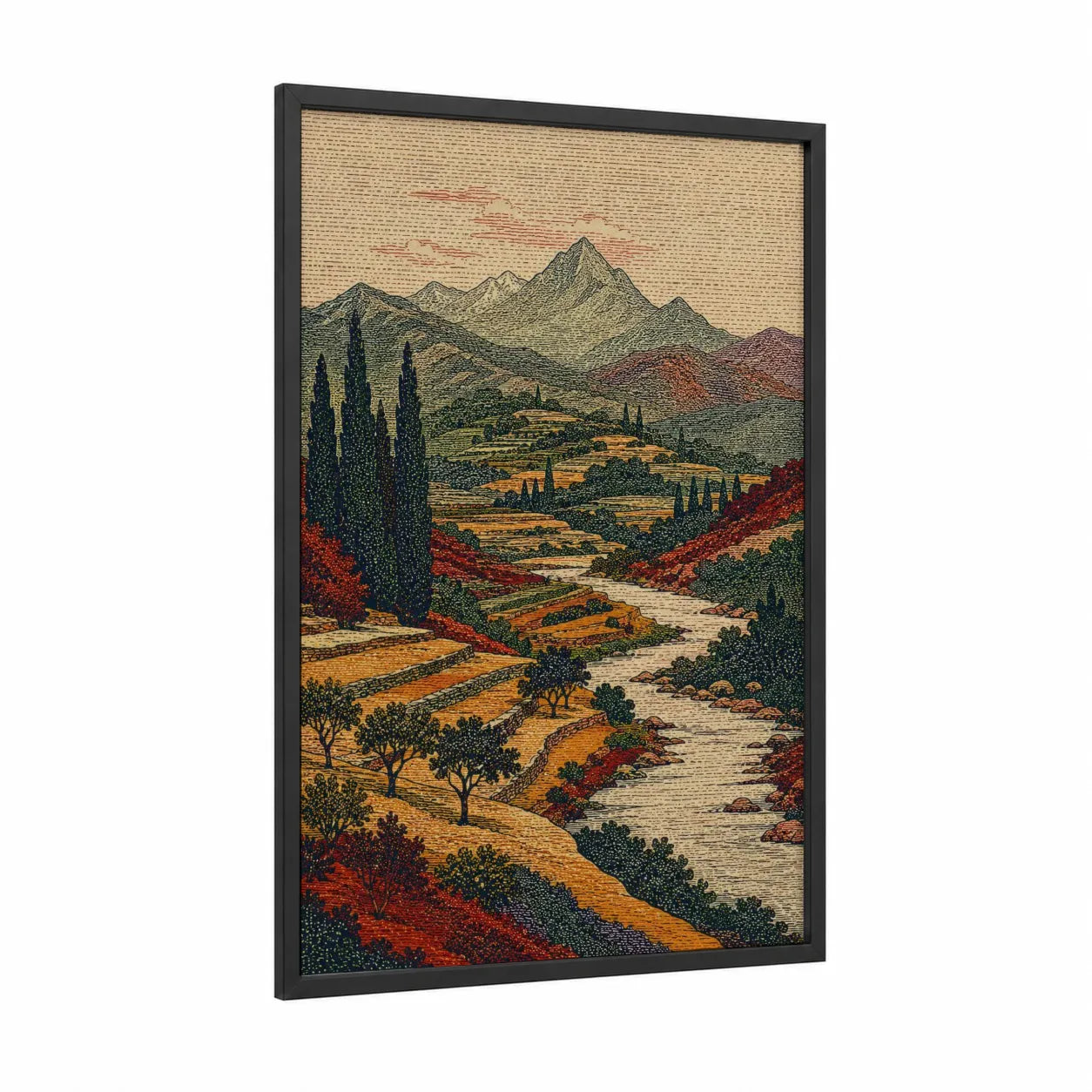 Mountain Valley River Landscape Wall Art framed art print — black wood frame — beige and dark green palette