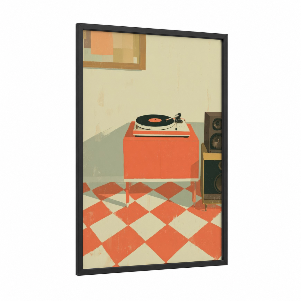 Retro Turntable Setup framed vinyl records print — black wood frame — orange and cream palette