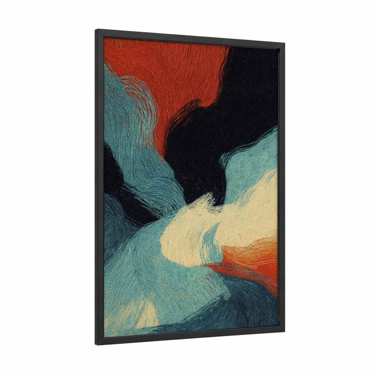 Textured Wave Flows framed knitting and sewing print — black wood frame — red and teal palette