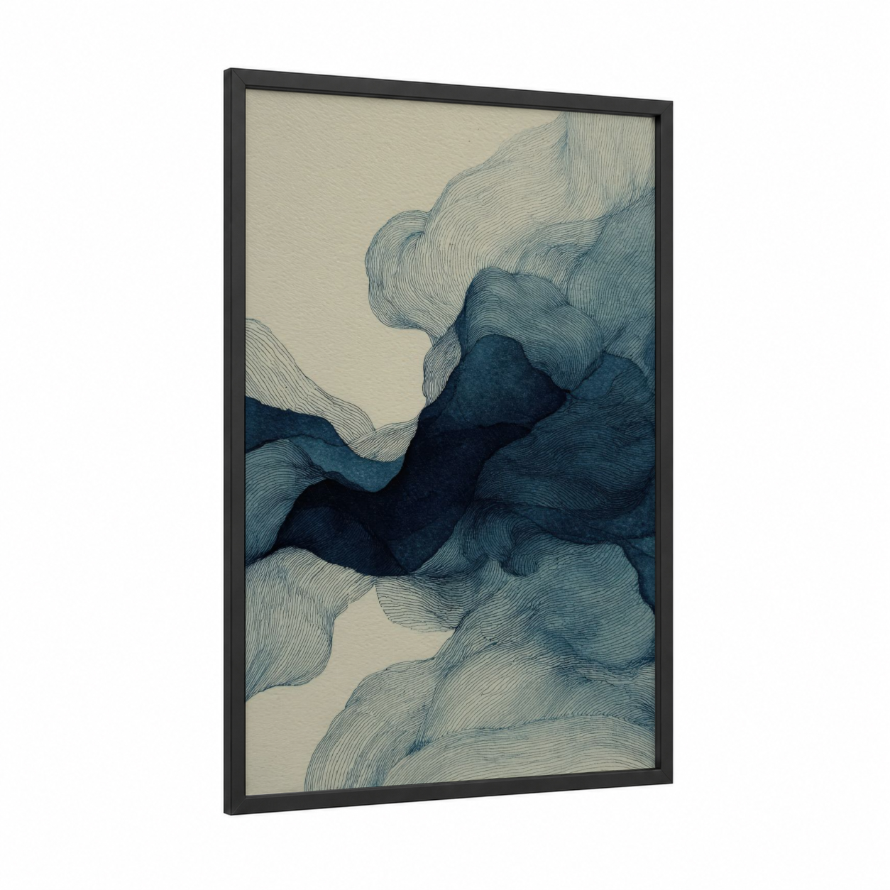 Flowing Movement framed jiu jutsu print — black wood frame — blue and cream palette