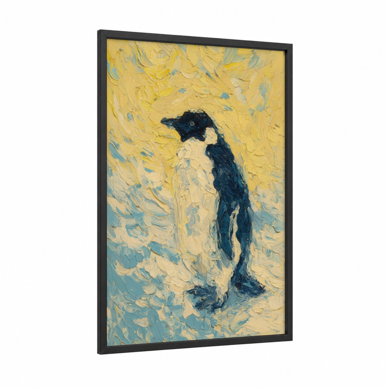 Golden Penguin framed art print — black wood frame — gold and blue palette