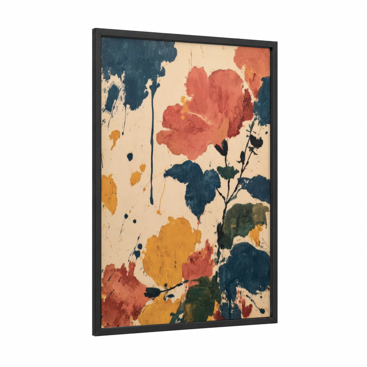 Crimson Hibiscus framed art print — black wood frame — red and gold palette
