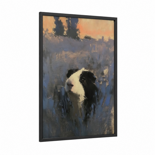 Snowy Guinea Pig framed art print — black wood frame — blue and gold and black and white palette