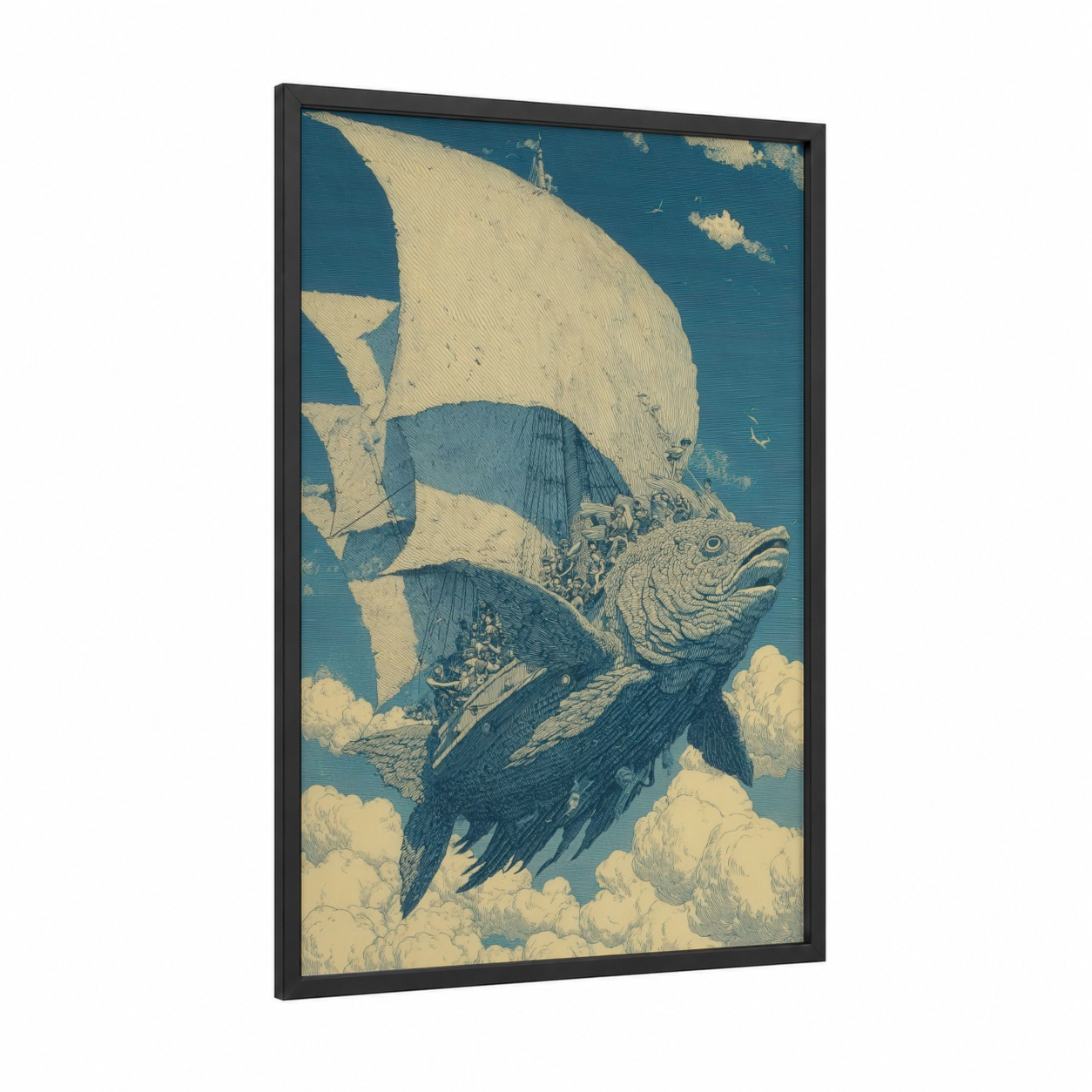 Celestial Sailfish framed art print — black wood frame — blue and cream palette