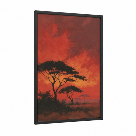 Crimson African Sunset framed art print — black wood frame — red and orange palette