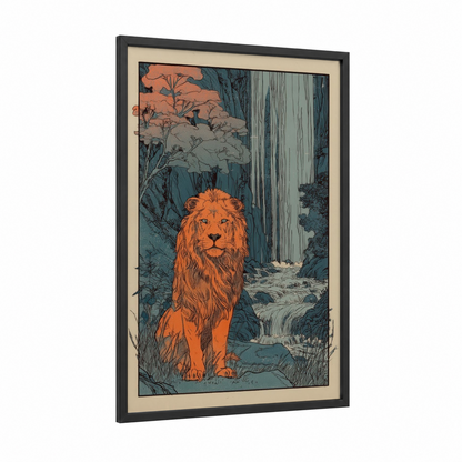 Waterfall Lion framed art print — black wood frame — orange and blue palette