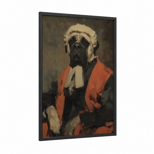 Robed Mastiff framed art print — black wood frame — orange and cream palette