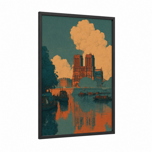 Golden Notre-Dame framed notre dame print — black wood frame — gold and teal palette