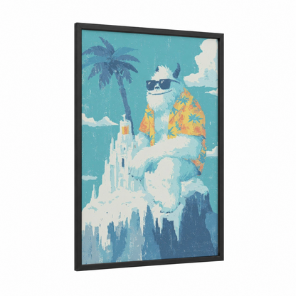 Tropical Yeti framed art print — black wood frame — turquoise and gold palette