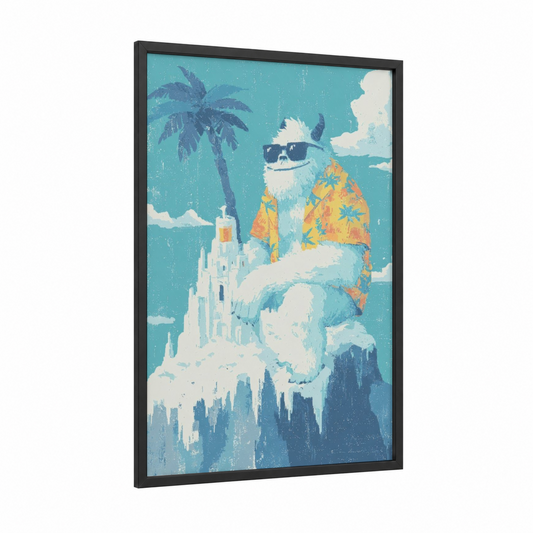 Tropical Yeti framed art print — black wood frame — turquoise and gold palette