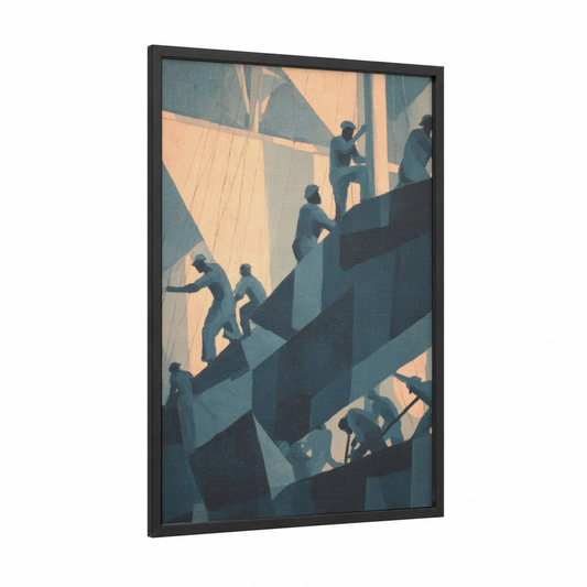 Industrial Workers Rise framed labor day print — black wood frame — gold and teal palette