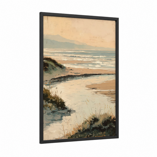 Coastal River Estuary framed rivers print — black wood frame — cream and sage green palette