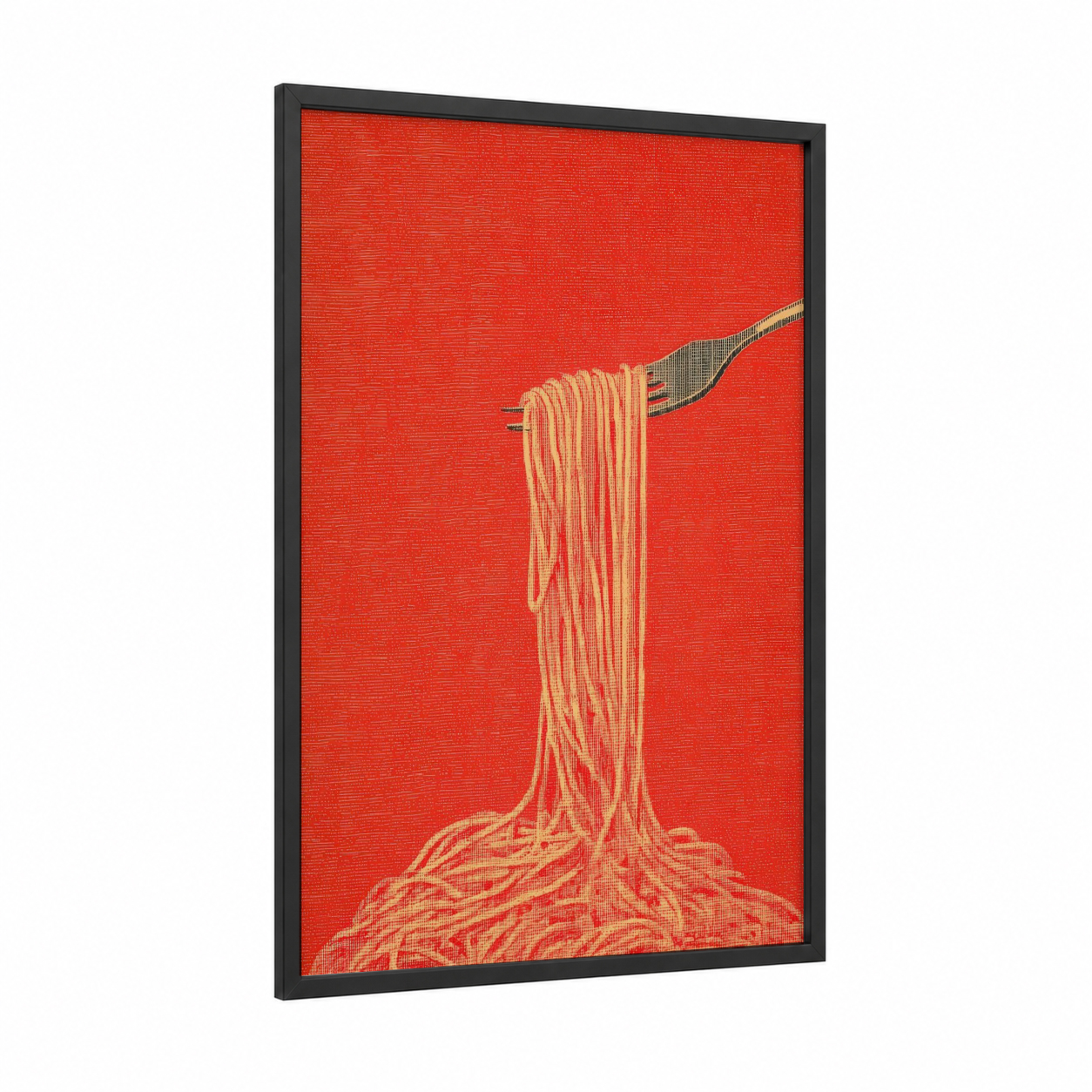 Fork Twirl Pasta framed art print — black wood frame — red and yellow gold palette