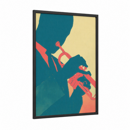 Coral Musician framed trumpet print — black wood frame — teal and salmon pink palette