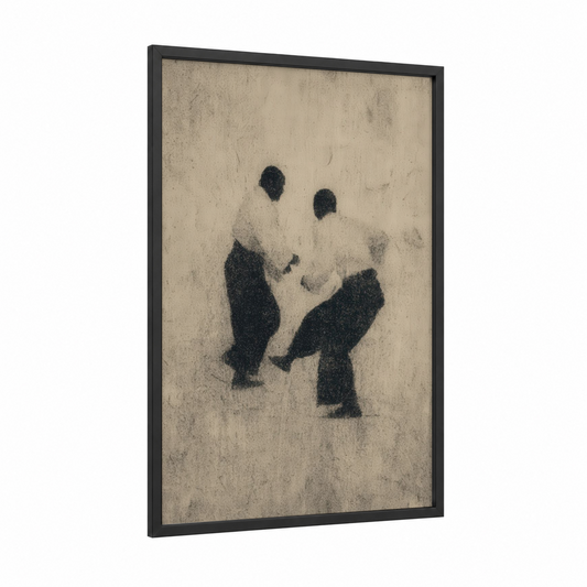 Dynamic Capoeira Pair framed art print — black wood frame — black and beige palette