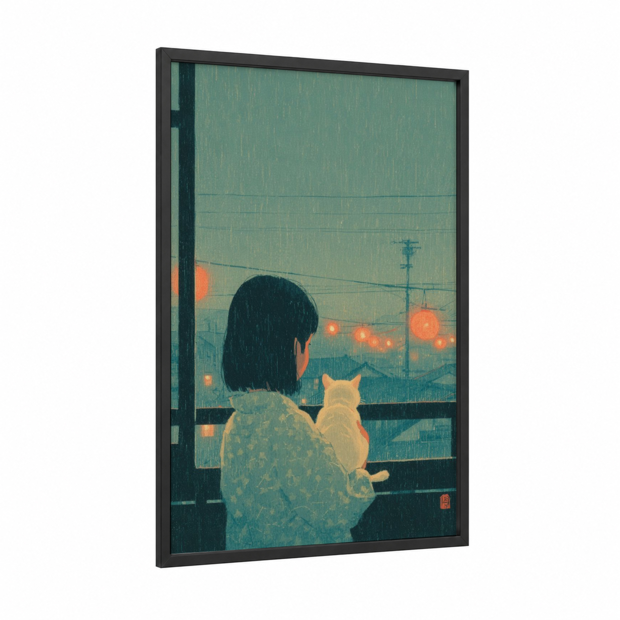 Evening Window Cat framed kids animals print — black wood frame — teal and gold palette