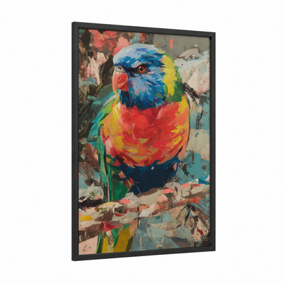 Rainbow Lorikeet Abstract framed art print — black wood frame — red and blue palette
