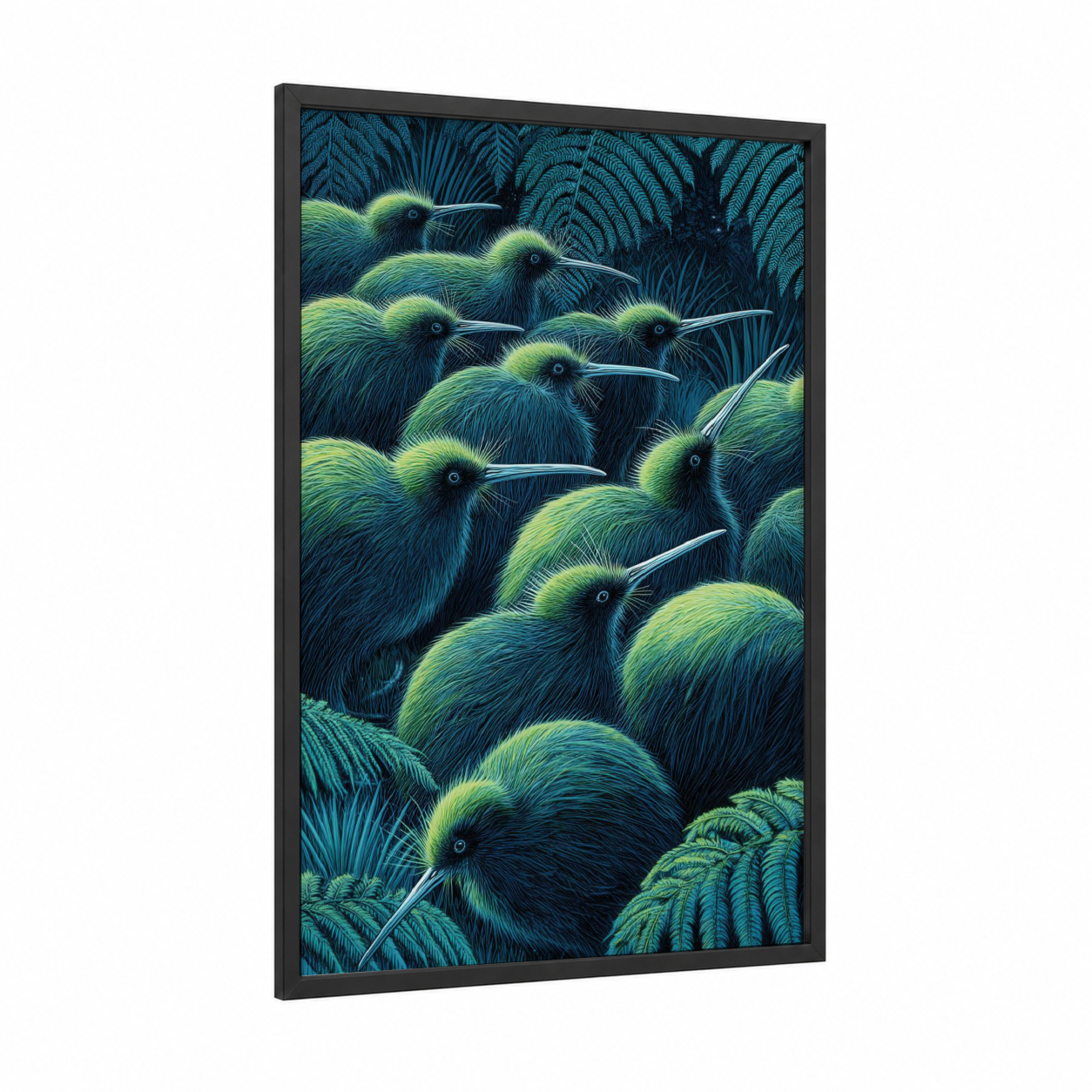 Fern Kiwis framed art print — black wood frame — teal and lime green palette