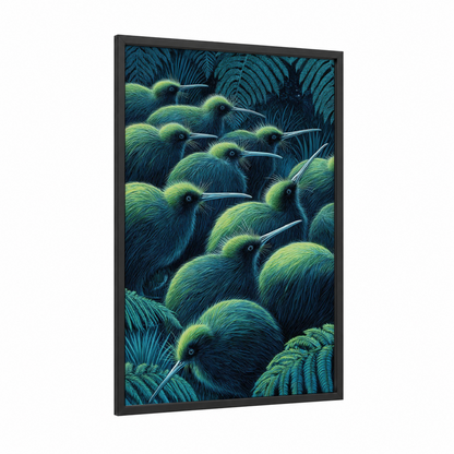 Fern Kiwis framed art print — black wood frame — teal and lime green palette