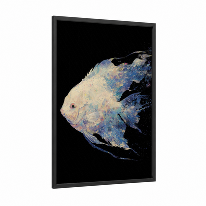 Iridescent Discus Fish framed art print — black wood frame — blue and cream palette