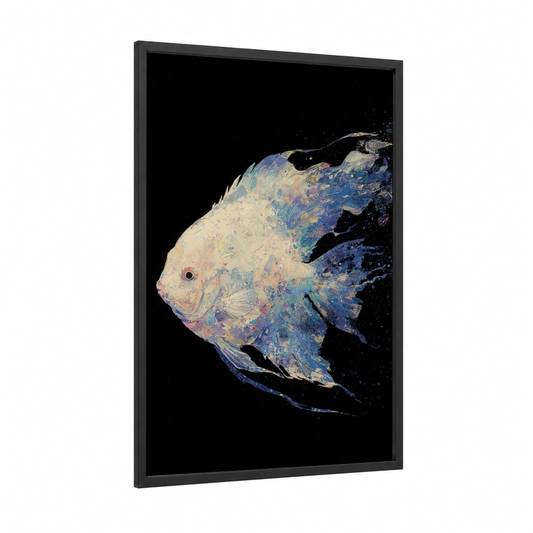 Iridescent Discus Fish framed art print — black wood frame — blue and cream palette