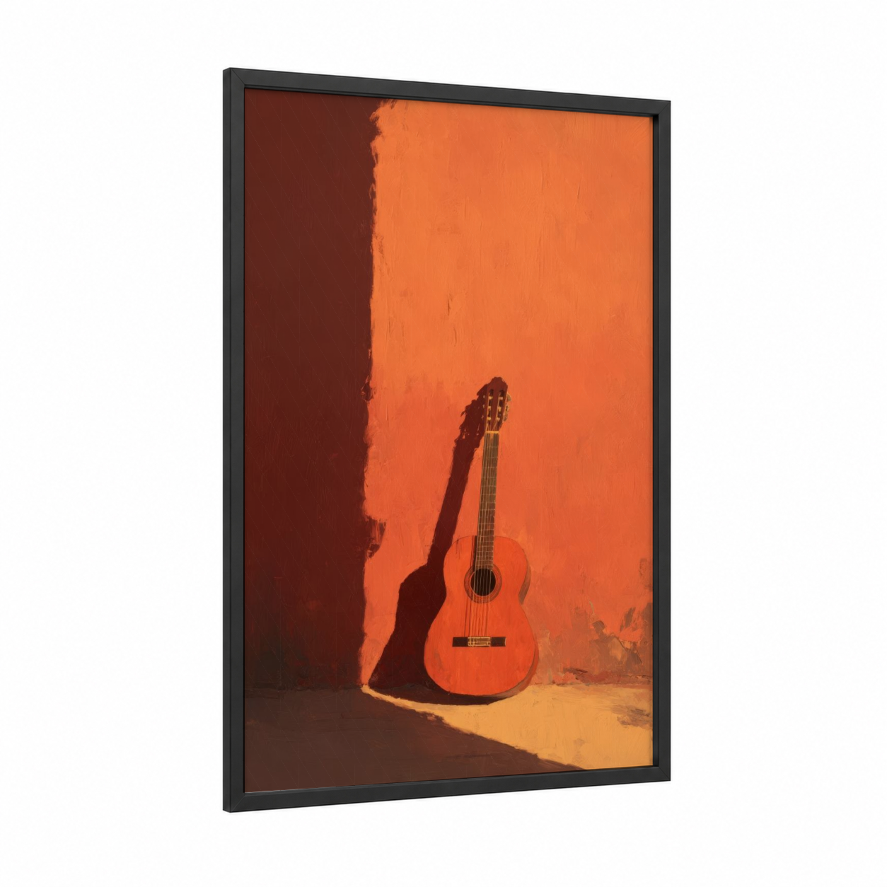 Crimson Guitar framed acoustic guitar print — black wood frame — orange and maroon palette
