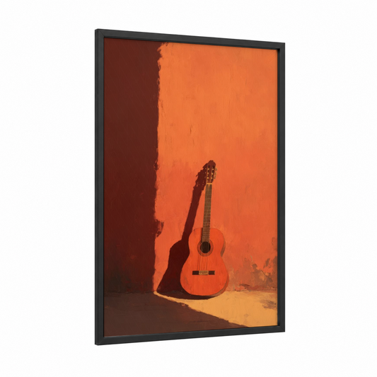 Crimson Guitar framed acoustic guitar print — black wood frame — orange and maroon palette