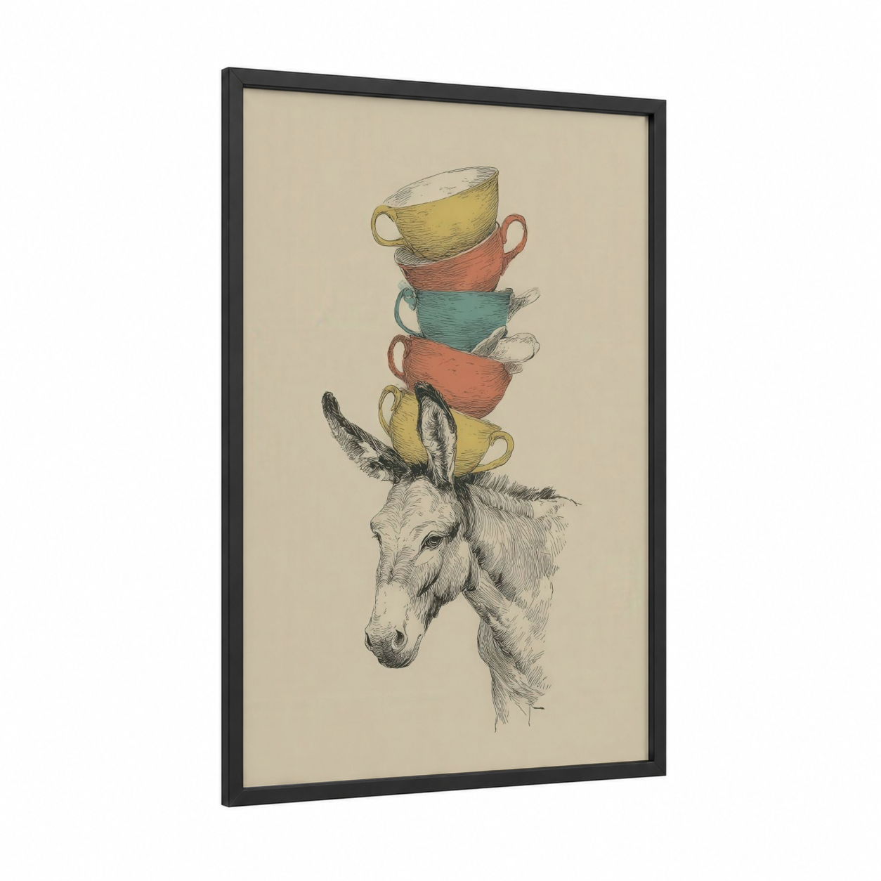 Whimsical Mule framed art print — black wood frame — cream and gold palette