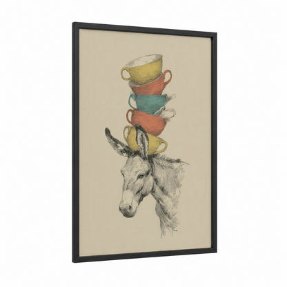 Whimsical Mule framed art print — black wood frame — cream and gold palette