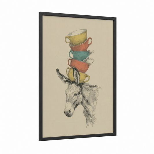 Whimsical Mule framed art print — black wood frame — cream and gold palette