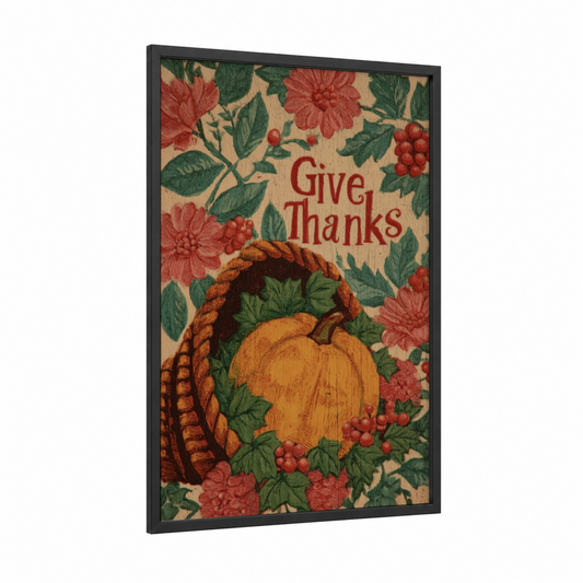 Harvest Gratitude framed thanksgiving print — black wood frame — red and dark green palette