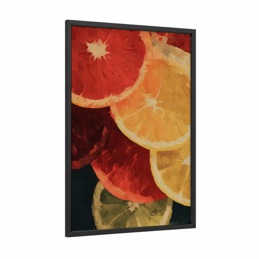 Citrus Breakfast framed art print — black wood frame — red and yellow gold palette