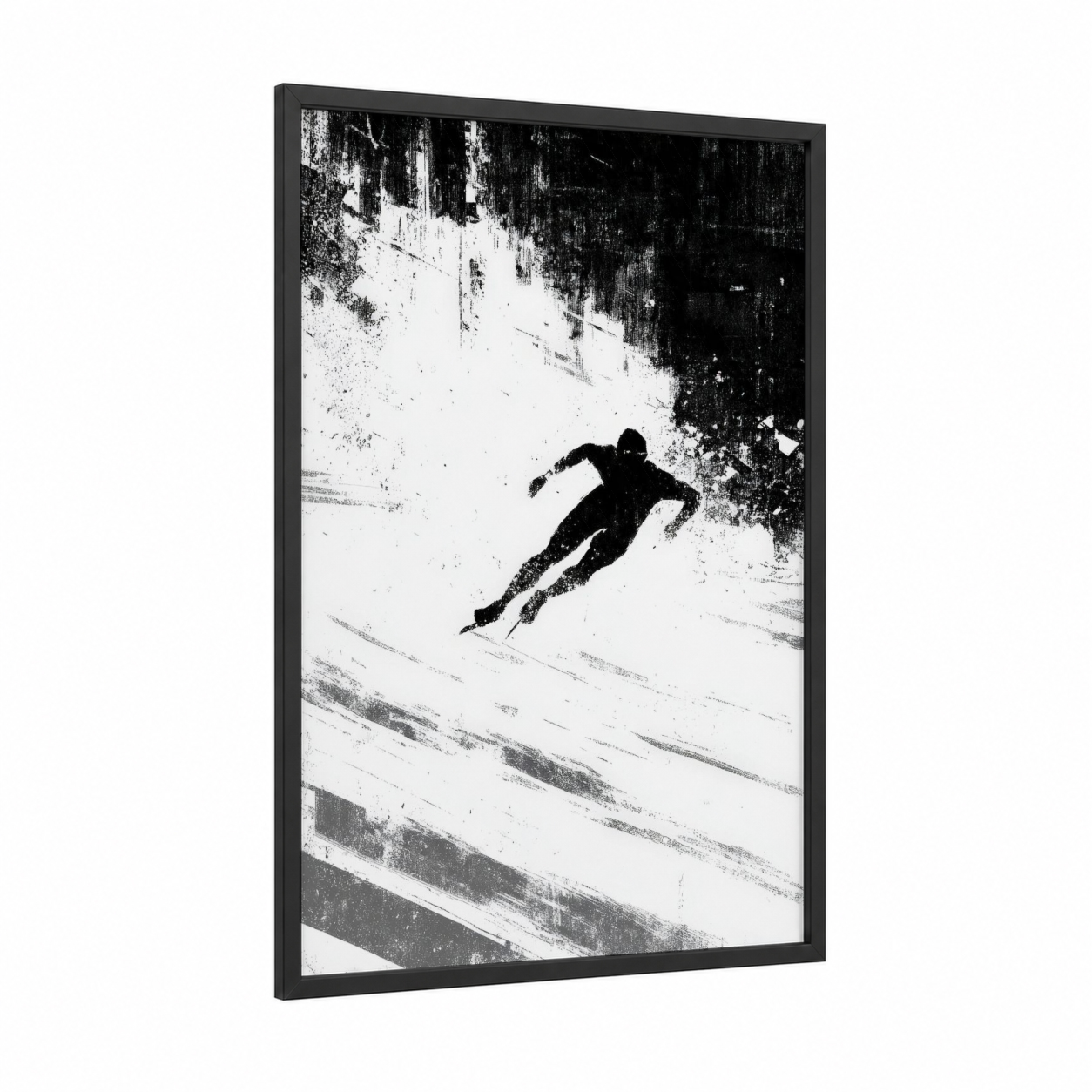 Dynamic Ice Skater framed ice skating print — black wood frame — black and white palette