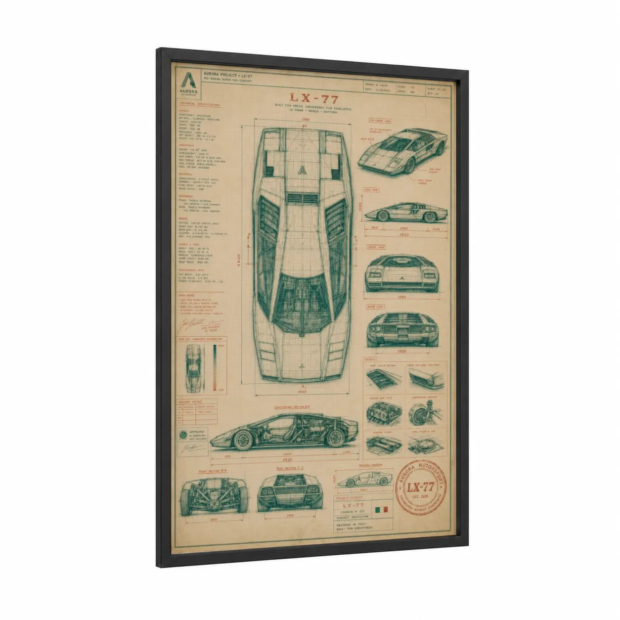Vintage Sports Car Blueprint Wall Art framed art print — black wood frame — beige and teal palette