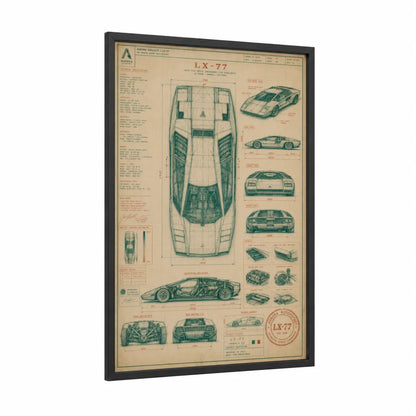 Vintage Sports Car Blueprint Wall Art framed art print — black wood frame — beige and teal palette