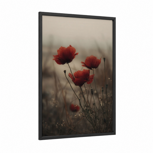 Misty Poppies framed art print — black wood frame — red and gray palette
