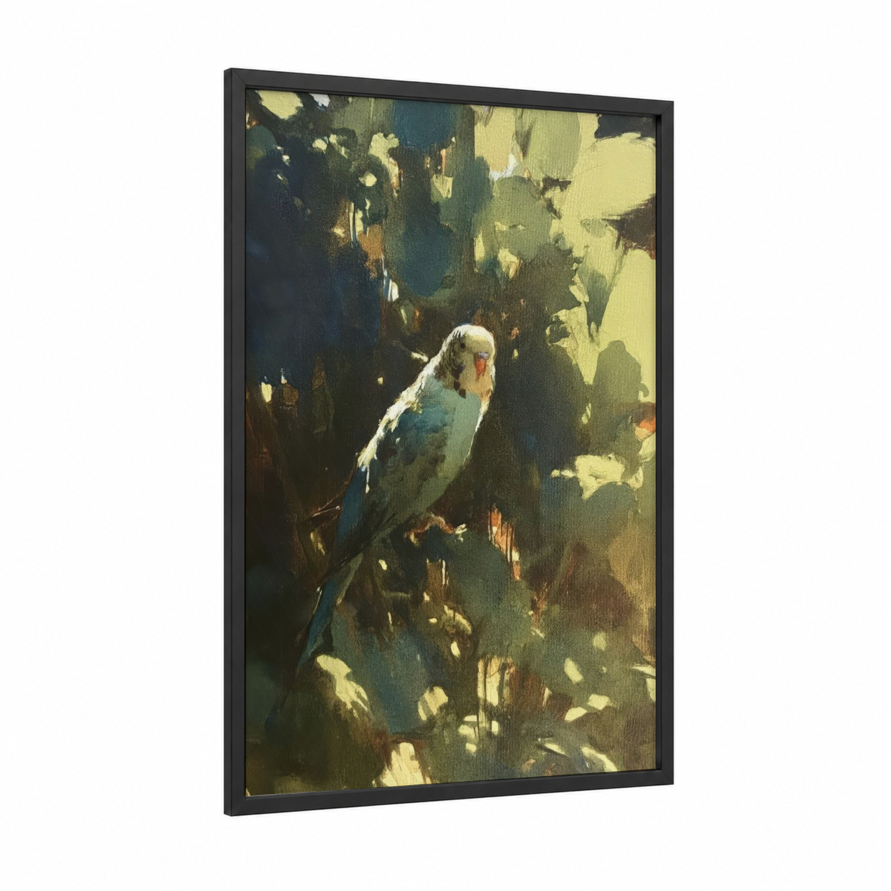 Sunlit Budgerigar framed budgeridar print — black wood frame — gold and teal palette