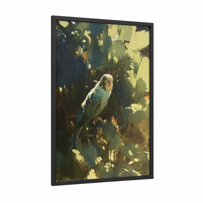 Sunlit Budgerigar framed budgeridar print — black wood frame — gold and teal palette