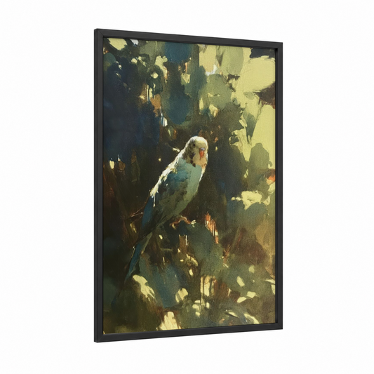 Sunlit Budgerigar framed budgeridar print — black wood frame — gold and teal palette