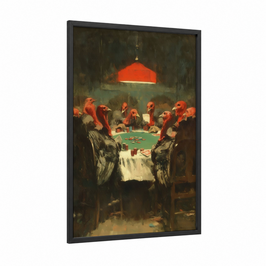 Poker Night Turkeys framed art print — black wood frame — red and dark green palette