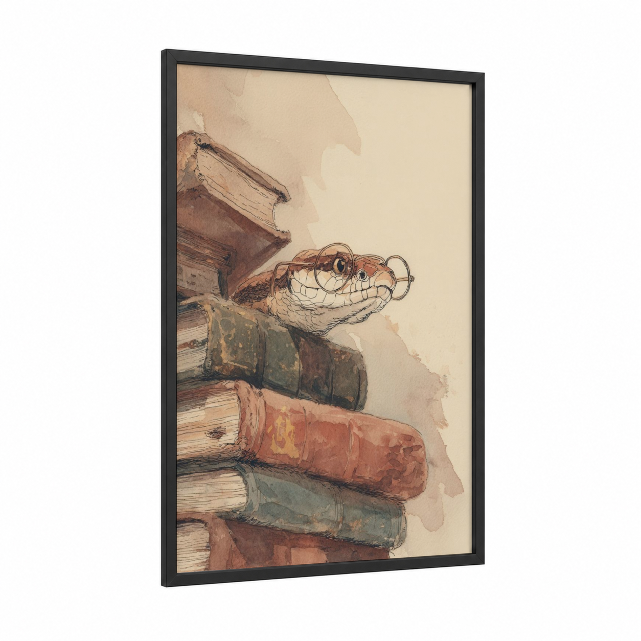 Scholarly Viper framed art print — black wood frame — beige palette
