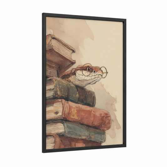 Scholarly Viper framed art print — black wood frame — beige palette
