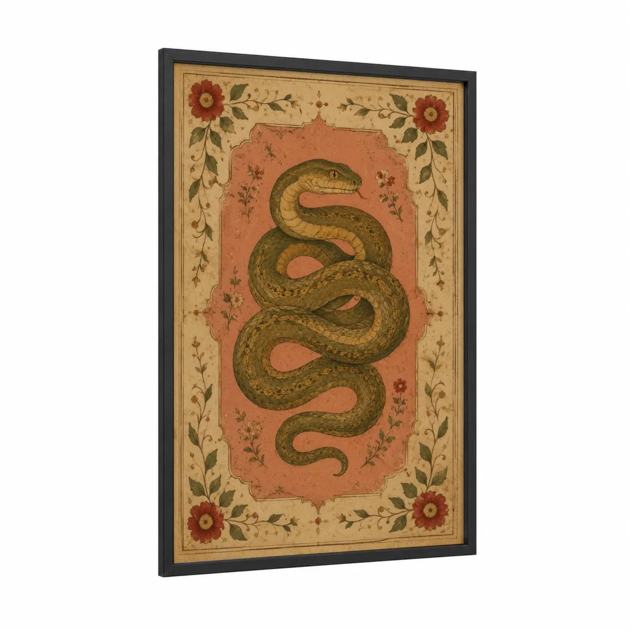 Vintage Persian Snake Botanical Wall Art framed art print — black wood frame — salmon pink and olive palette